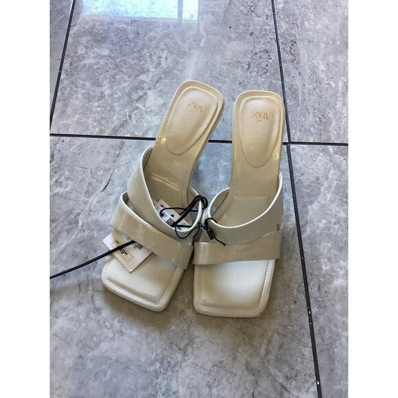 Zara Heeled Sandals Womens Size 6 White Square Toe Mules Slip On Double Strap - Picture 1 of 5